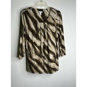 CHICOS Pullover Long Sleeve Blouse Shirt Brown Gold Abstract Size 1